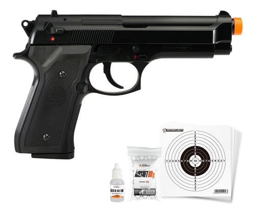 KIT PISTOLA AIRSOFT MOLA 6MM M92 KWC COM OLEO BBS E ALVO
