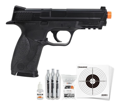 KIT PISTOLA AIRSOFT CO2 6MM SEW MP40 KWC COM CO2 OLEO BBS E ALVO