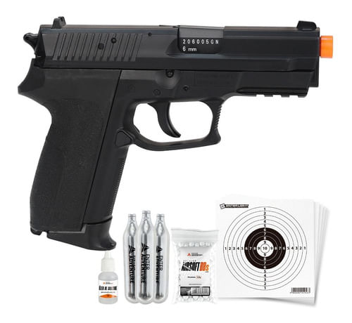 KIT PISTOLA AIRSOFT CO2 6MM SIG SAUER SP2022 KWC COM CO2 OLEO BBS E ALVO