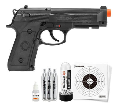 KIT PISTOLA DE PRESSAO CO2 4,5MM M9 WINGUN ROSSI COM CO2 OLEO ESFERAS DE ACO E ALVO