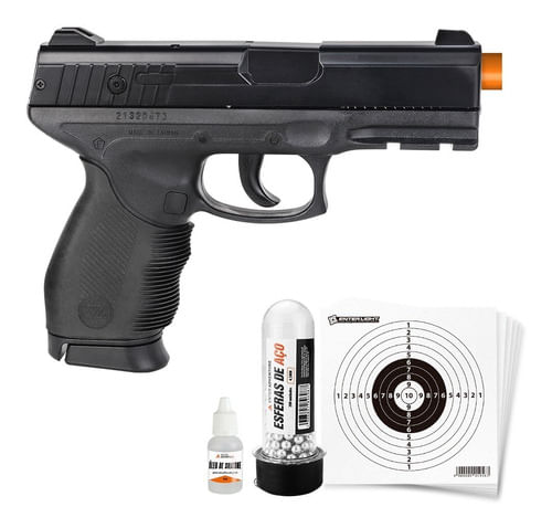 KIT PISTOLA DE PRESSAO MOLA 4,5MM COM SLIDE METAL 24/7 KWC COM OLEO ESFERAS DE AÇO E ALVO