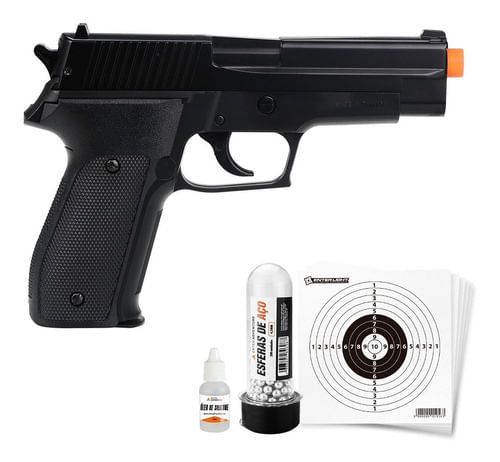 KIT PISTOLA DE PRESSAO MOLA 4,5MM SLIDE METAL P226 KWC COM OLEO ESFERAS DE ACO E ALVO