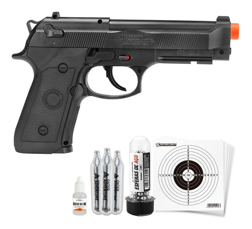 KIT PISTOLA DE PRESSAO CO2 6MM M9 WINGUN ROSSI COM CO2 OLEO ESFERAS DE ACO E ALVO