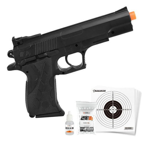 KIT PISTOLA AIRSOFT MOLA 6MM VG 1911SW 2122A1 VIGOR COM OLEO BBS E ALVO