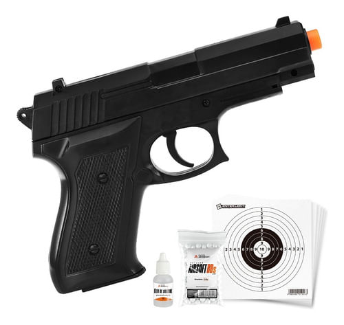 KIT PISTOLA AIRSOFT MOLA 6MM VG P1918 VIGOR COM OLEO BBS E ALVO