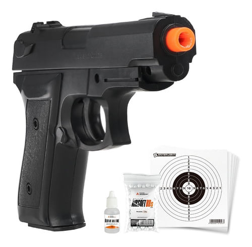 KIT PISTOLA AIRSOFT MOLA 6MM VG P99 VIGOR COM OLEO BBS E ALVO