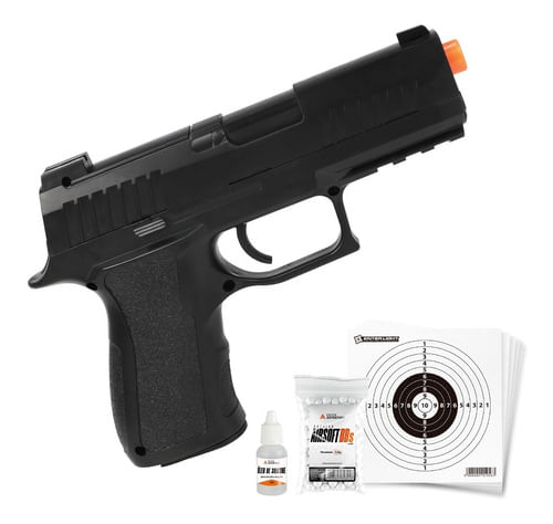 KIT PISTOLA AIRSOFT MOLA 6MM VG P320 V311 VIGOR COM OLEO BBS E ALVO