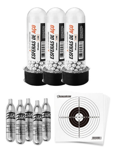KIT 3 ESFERAS DE AÇO 4,5MM 200UN ENTER ADVENTURE COM 5 CO2 12G E 10 ALVOS 13X13CM