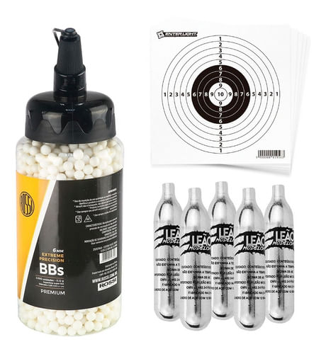 KIT 1 ESFERA PLASTICA 6MM 2000UN 0,12G PREMIUM ROSSI COM 5 CO2 12G E 10 ALVOS 13X13CM