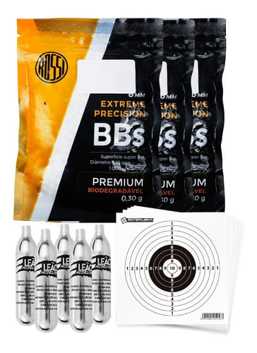 KIT 3 ESFERAS PLASTICA 6MM 1000UN 0,30G PREMIUM ROSSI COM 5 CO2 12G E 10 ALVOS 13X13CM