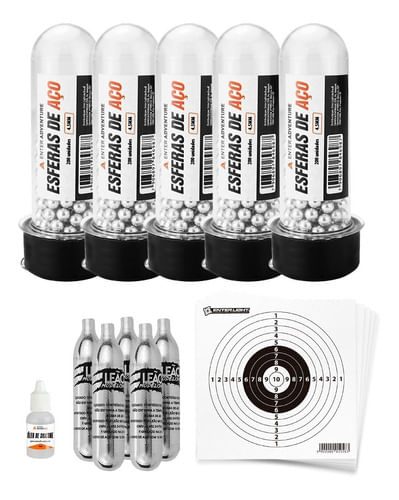 KIT 5 ESFERAS DE AÇO 4,5MM 200UN ENTER ADVENTURE COM 5 CO2 12G 20 ALVOS 13X13CM E 1 ÓLEO 10ML ENTER