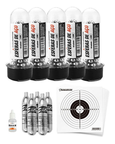 KIT 5 ESFERAS DE AÇO 6MM 100UN ENTER ADVENTURE COM 5 CO2 12G 20 ALVOS 13X13CM E 1 ÓLEO 10ML ENTER