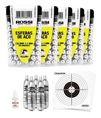 KIT 5 ESFERAS DE AÇO 6,0MM 100UN ROSSI COM 5 CO2 12G 20 ALVOS 13X13CM E 1 ÓLEO 10ML ENTER