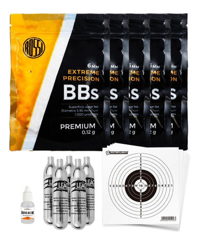 KIT 5 ESFERAS PLASTICA 6MM 1000UN 0,12G PREMIUM ROSSI COM 5 CO2 12G 20 ALVOS 13X13CM E 1 ÓLEO 10ML E