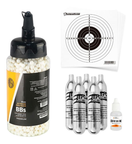 KIT 1 ESFERA PLASTICA 6MM 2000UN 0,12G PREMIUM ROSSI COM 5 CO2 12G 20 ALVOS 13X13CM E 1 ÓLEO 10ML EN