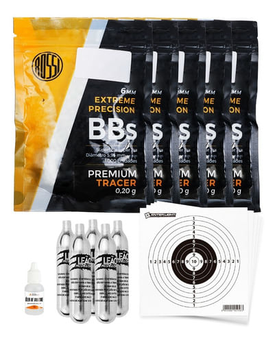 KIT 5 ESFERAS PLASTICA 6MM 1000UN 0,20G PREMIUM ROSSI COM 5 CO2 12G 20 ALVOS 13X13CM E 1 ÓLEO 10ML E