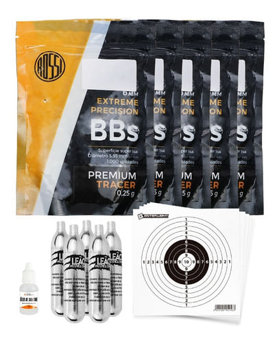 KIT 5 ESFERAS PLASTICA 6MM 1000UN 0,25G PREMIUM ROSSI COM 5 CO2 12G 20 ALVOS 13X13CM E 1 ÓLEO 10ML E
