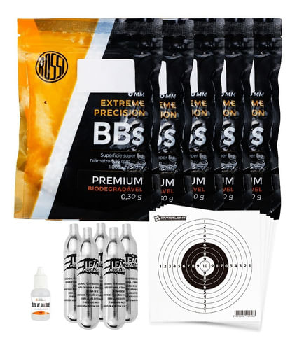 KIT 5 ESFERAS PLASTICA 6MM 1000UN 0,30G PREMIUM ROSSI COM 5 CO2 12G 20 ALVOS 13X13CM E 1 ÓLEO 10ML E