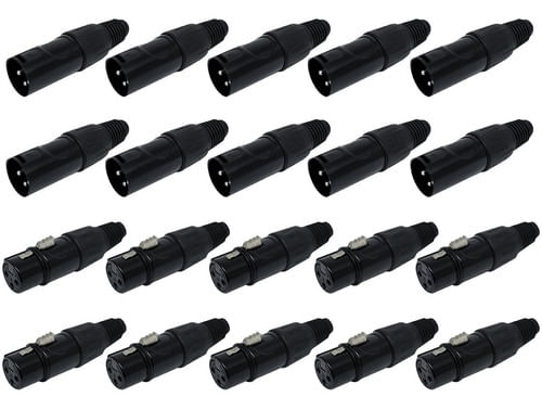 KIT 20 CONECTOR XLR CANON MACHO E FEMEA PRETO Q-14BK E Q-13BK CSR