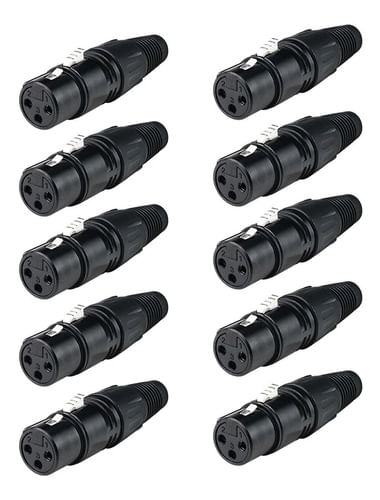 KIT 10 CONECTOR XLR CANON FEMEA 3 PINOS PRETO LU-71215BK LUMINOS