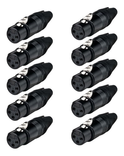KIT 10 CONECTOR XLR CANON FEMEA 3 PINOS PRETO TIPO NEUTRIK LU-71225BK LUMINOS