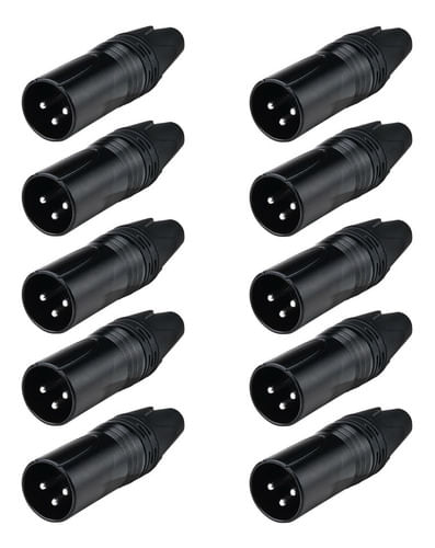 KIT 10 CONECTOR XLR CANON MACHO 3 PINOS PRETO TIPO NEUTRIK LU-71226BK LUMINOS