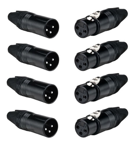 KIT 4 CONECTOR XLR MACHO PRETO AÇO E PLASTICO LU71226BK LUMINOS E 4 CONECTOR XLR FEMEA PRETO AÇO E P
