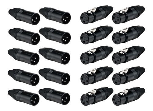 KIT 10 CONECTOR XLR FEMEA PRETO AÇO E PLASTICO LU71225BK LUMINOS E 10 CONECTOR XLR MACHO PRETO AÇO E