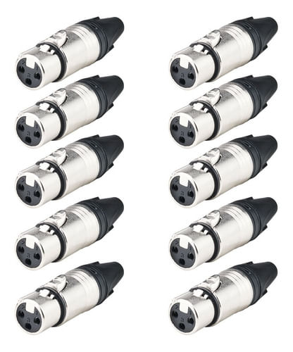 KIT 10 CONECTOR XLR CANON FEMEA 3 PINOS NIQUELADO TIPO NEUTRIK LU-71221 LUMINOS