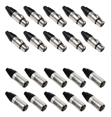 KIT 10 CONECTOR XLR FEMEA AÇO LU-71221 LUMINOS COM 10 CONECTOR XLR MACHO NIQUELADO LU-71222 LUMINOS