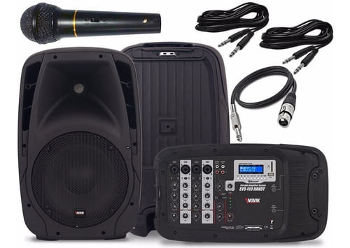KIT CAIXA DE SOM ATIVA 2 CAIXAS COM MESA DE SOM EMBUTIDA EVO 410 NOVIK