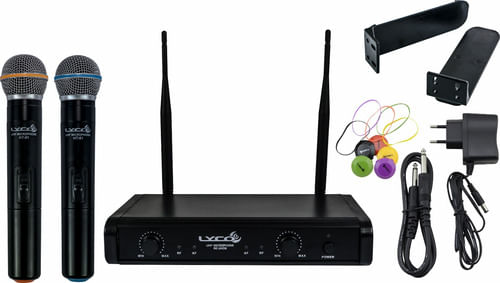 MICROFONE SEM FIO DE MAO DUPLO COM SUPORTE RACK UH06MM LYCO