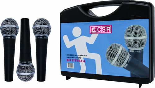 KIT 3 MICROFONES COM FIO E MALETA TIPO SM58 58-3 CSR