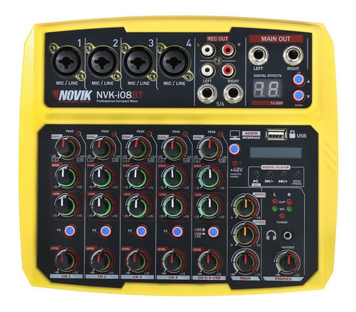 MESA DE SOM 8 CANAIS BLUETOOTH MIXER NVK-I08BT YELLOW USB BIVOLT NOVIK