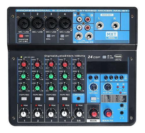 MESA DE SOM 6 CANAIS COM EFEITO USB BLUETOOTH BIVOLT MX-6T MXT