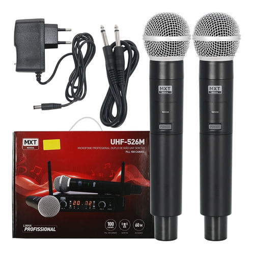 MICROFONE SEM FIO DE MAO DUPLO UHF PLL 100 CANAIS UHF-526M MXT
