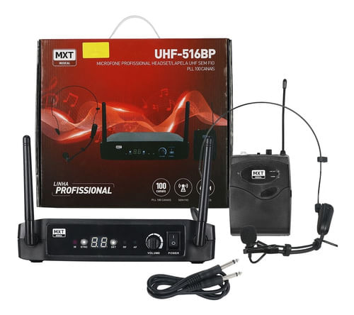 MICROFONE SEM FIO UHF LAPELA HEADSET PLL 100 CANAIS UHF-516BP MXT
