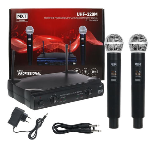 MICROFONE SEM FIO DE MAO DUPLO UHF DIGITAL PLL 96 CANAIS UHF-320M MXT