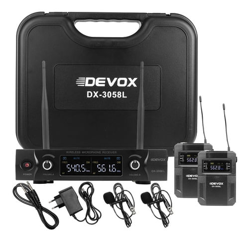 MICROFONE SEM FIO LAPELA DUPLO UHF MULTIFREQUENCIA DX-3058L DEVOX