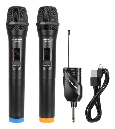 MICROFONE SEM FIO DE MAO DUPLO UHF COM MINI RECEPTOR DX-382 DEVOX