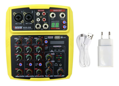 MESA DE SOM 6 CANAIS BLUETOOTH MIXER NVK-I06BT YELLOW USB BIVOLT NOVIK