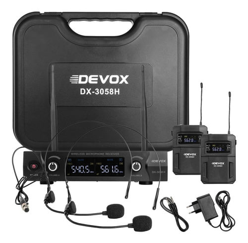 MICROFONE SEM FIO HEADSET DUPLO UHF MULTIFREQUENCIA DX-3058H DEVOX