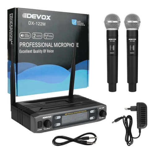 MICROFONE SEM FIO DE MAO DUPLO UHF MULTI FREQUENCIA DX-122M DEVOX