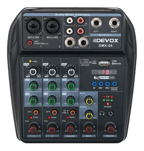 MESA DE SOM 4 CANAIS USB BLUETOOTH INTERFACE DMX-04 DEVOX