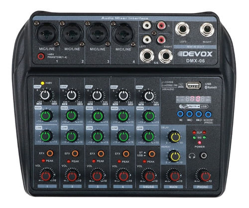 MESA DE SOM 6 CANAIS USB BLUETOOTH INTERFACE DMX-06 DEVOX