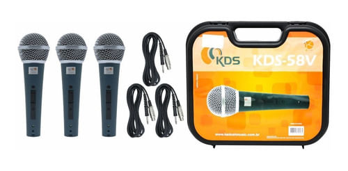 KIT 3 MICROFONES COM FIO E MALETA TIPO SM58 KDS 58V KADOSH