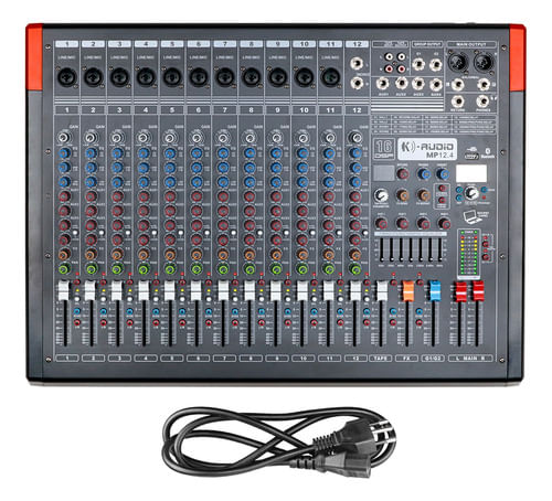 MESA DE SOM 12 CANAIS 4 AUX USB BLUETOOTH BIVOLT MP12.4 K-AUDIO