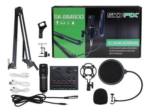 KIT MICROFONE CONDENSADOR PARA ESTUDIO COM SUPORTE CABO POP FILTRO MESA INTERFACE SK BM800 V8 SKYPIX