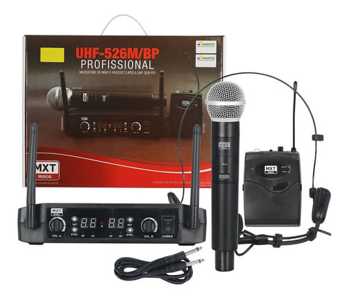 MICROFONE SEM FIO DE MAO DUPLO UHF LAPELA HEADSET PLL 100 CANAIS UHF-526MBP MXT