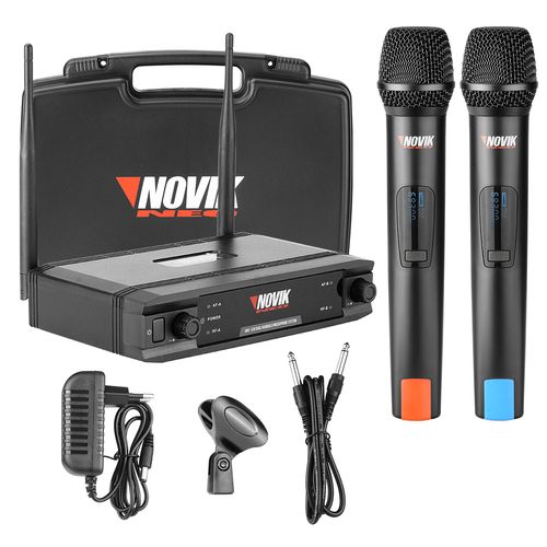 MICROFONE SEM FIO DE MAO DUPLO UHF FREQUENCIA VARIAVEL UNK-330 NOVIK